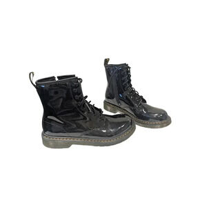 Dr Martens Combat Boots US 6 Softy T Black Patent Leather Lace Up Side Zip 1460